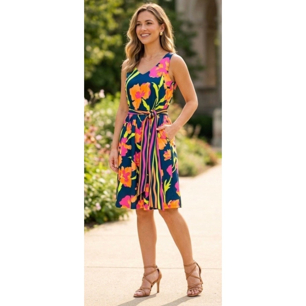 Gretchen Scott Iconic Iris Sleeveless Floral Dress Sleeveless Small Stretch
